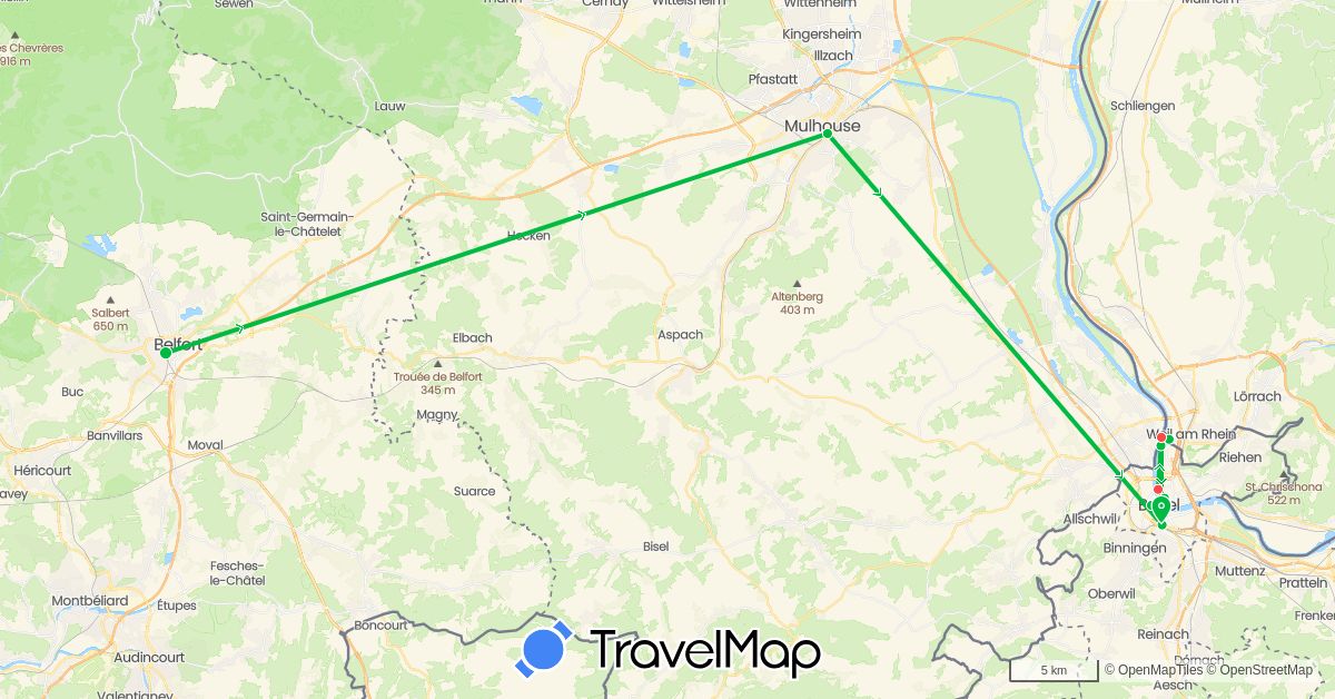 TravelMap itinerary: driving, bus, hiking in Switzerland, Germany, France (Europe)